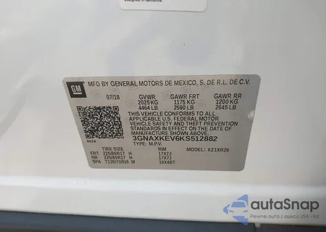 2019 Chevrolet Equinox Lt z USA, uszkodzony, nr VIN 3GNAXKEV6KS512882